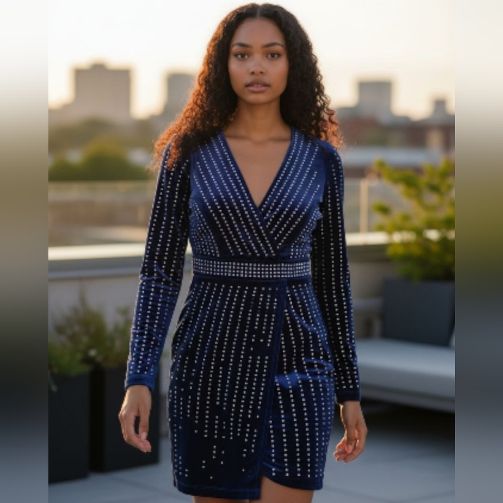 WINDSOR | Elegant Alexa Blue Velvet Wrap Dress Sequins Long Sleeves Bodycon | XS